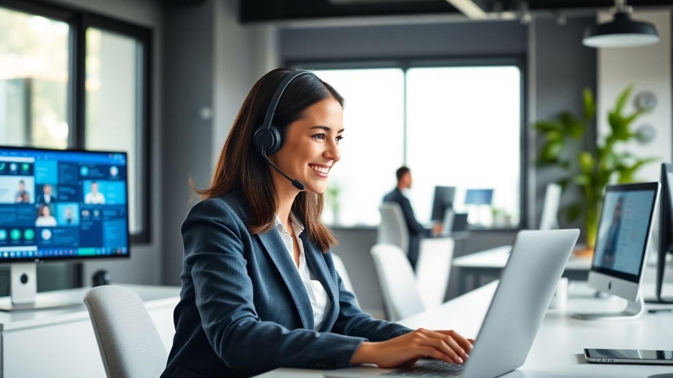 Professional woman on headset at office laptop workspace