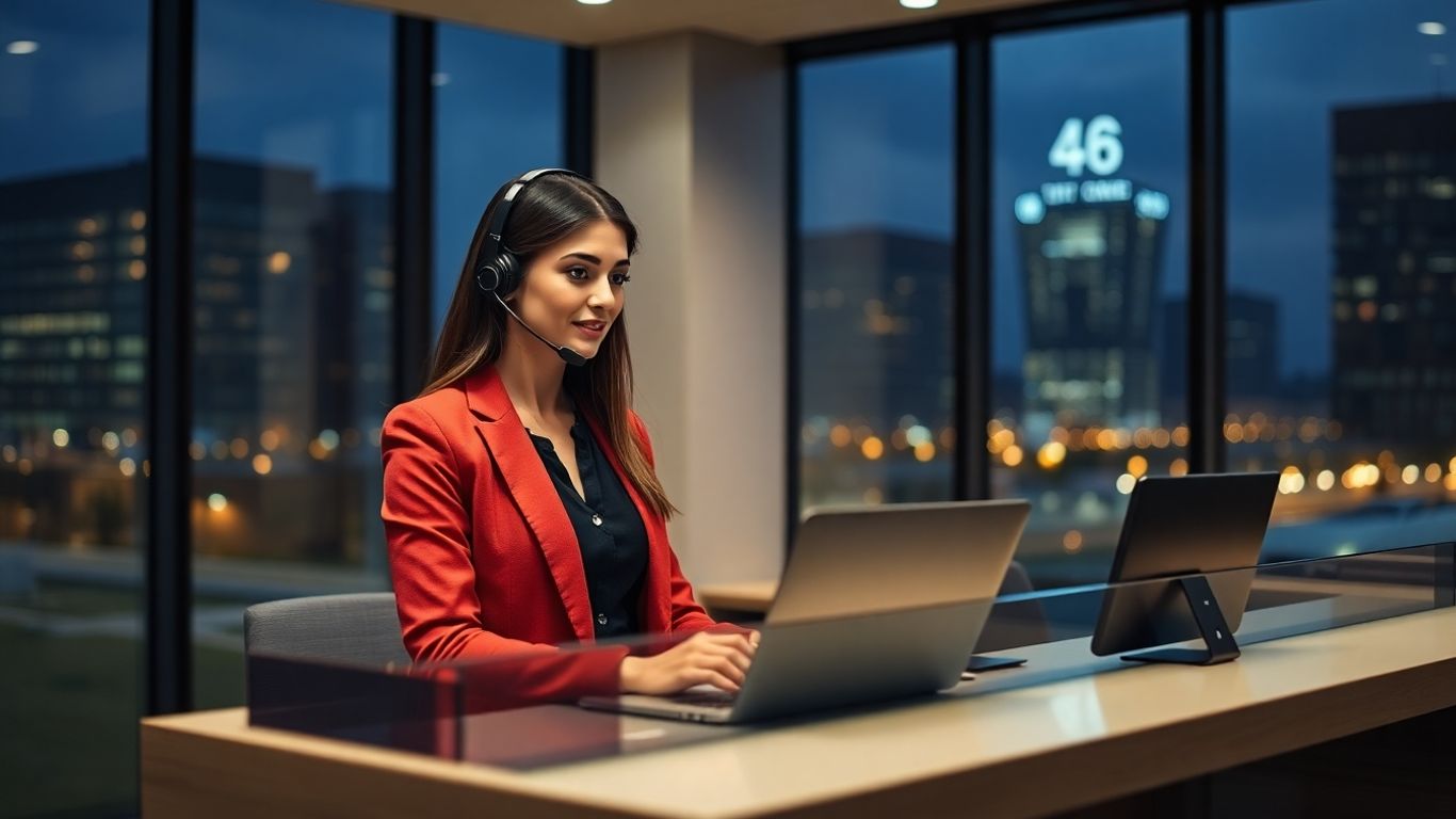 Receptionist with headset answers phone in a law office