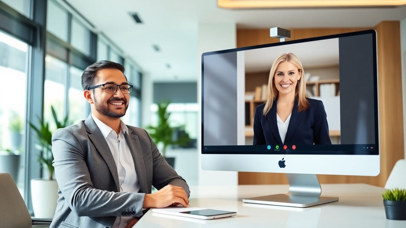 Lawyer video chatting with a cheerful virtual receptionist