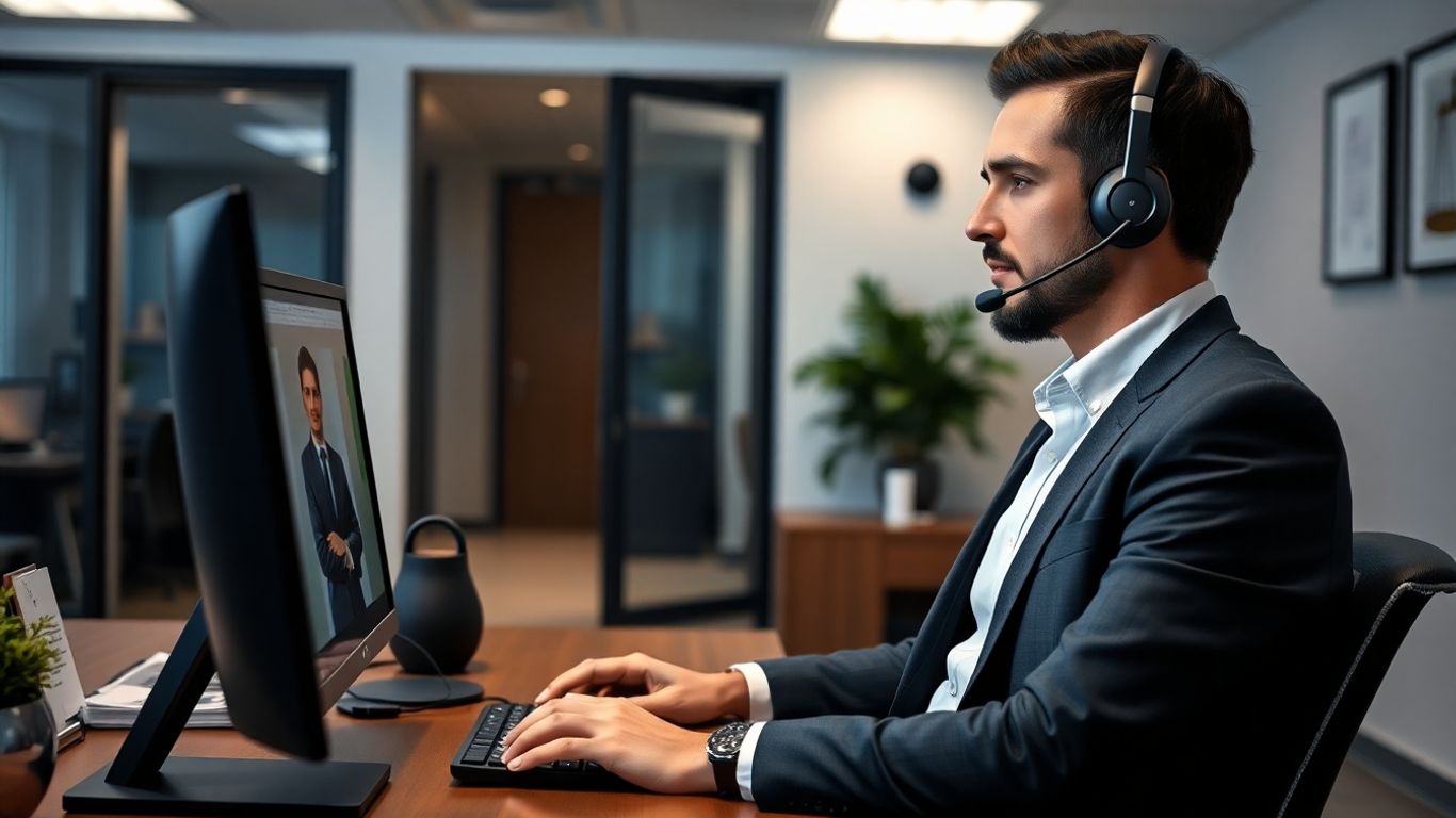 Lawyer with headset speaking to client at secure office desk.