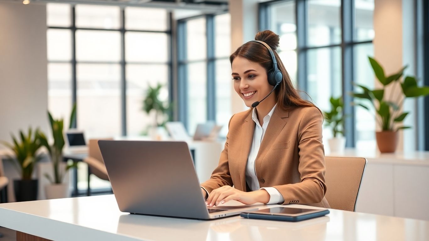 Receptionist with headset assisting clients in modern law office.