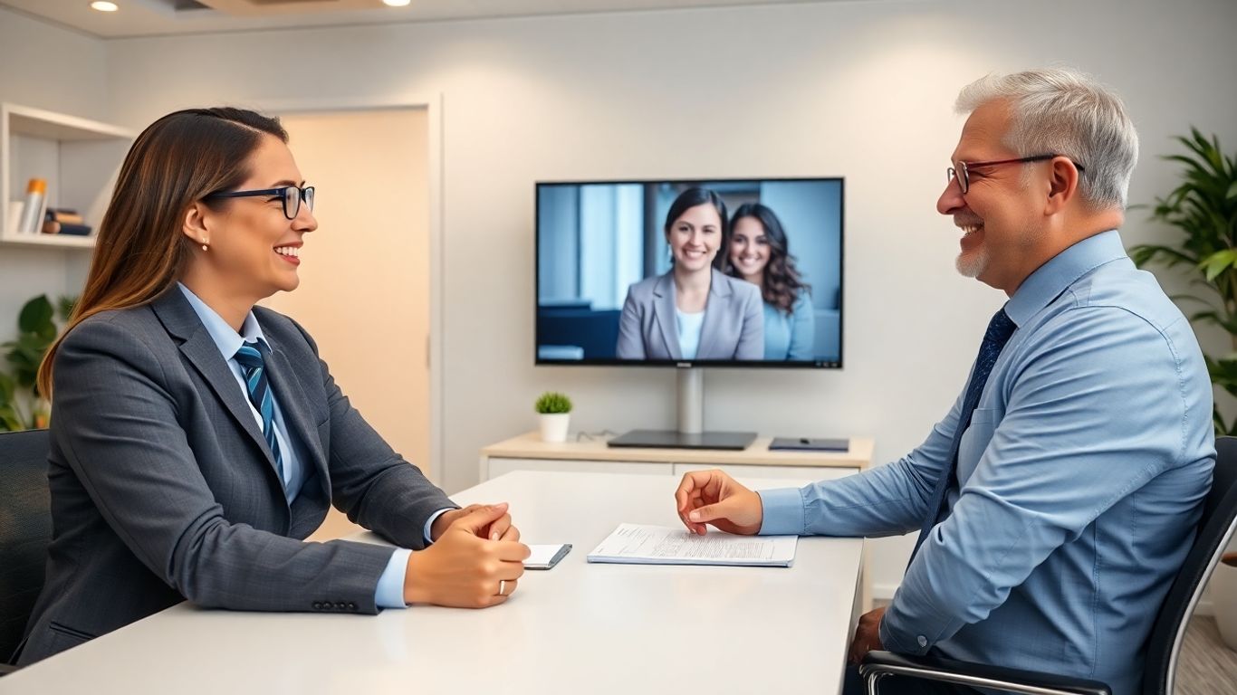 Lawyer and client with virtual receptionist on computer screen