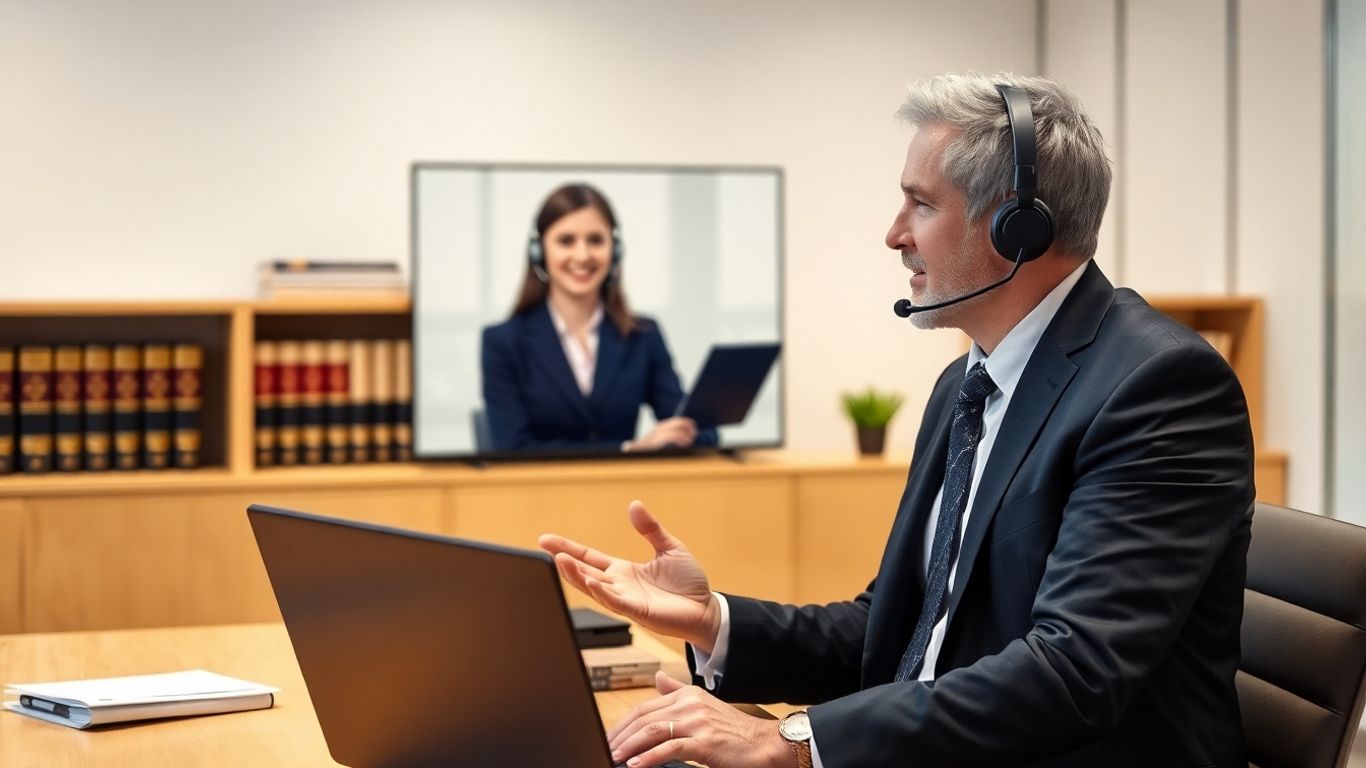 Lawyer consulting with virtual receptionist in office setting.