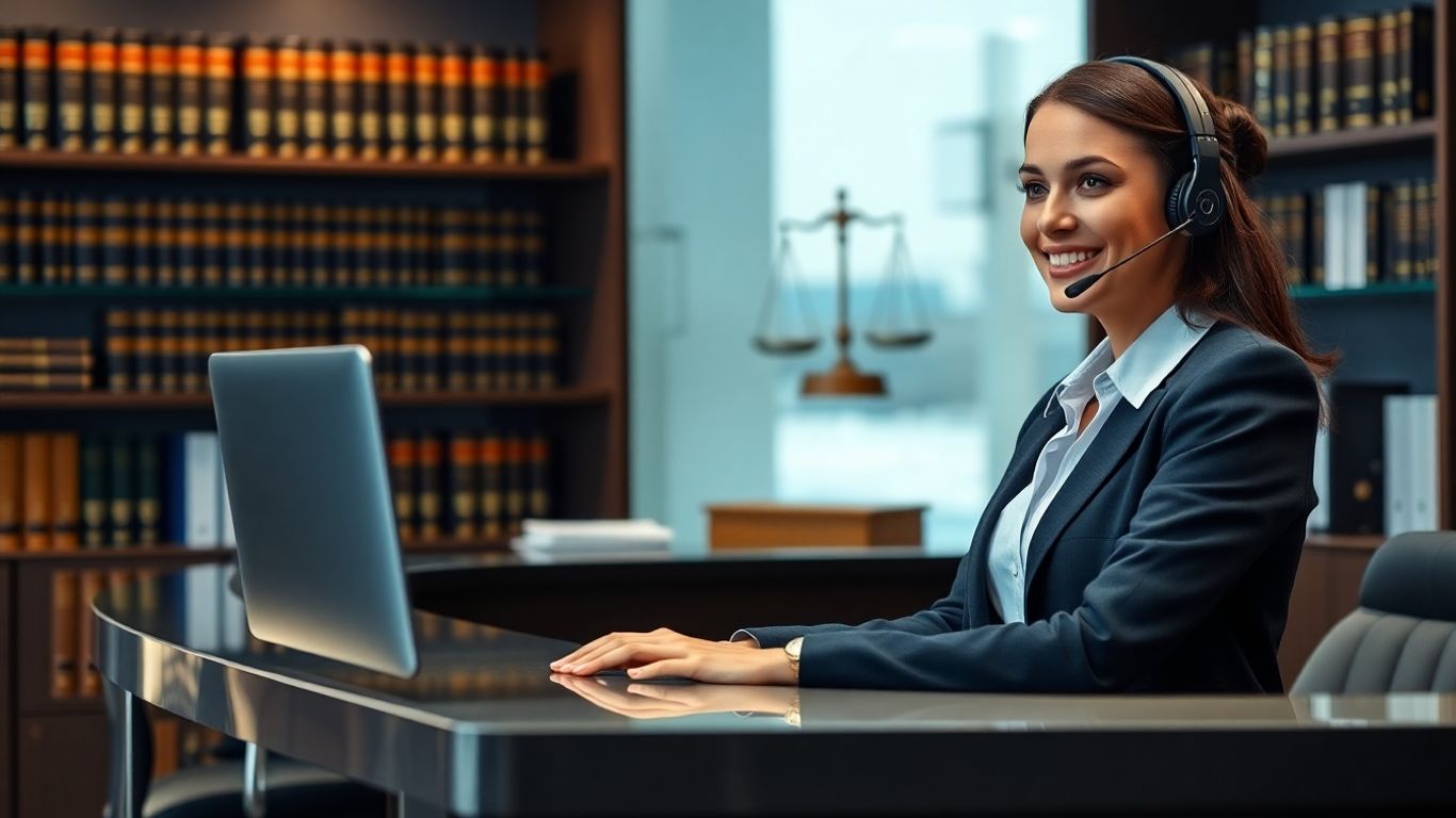 Receptionist at desk with headset in modern law office.
