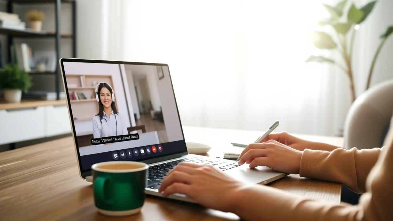 Person using laptop for virtual receptionist in home office