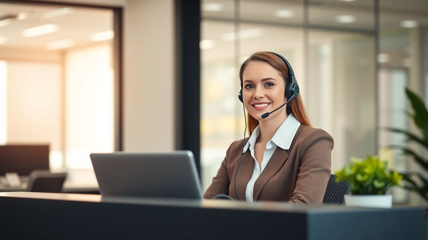 Receptionist with headset at desk in a modern office.