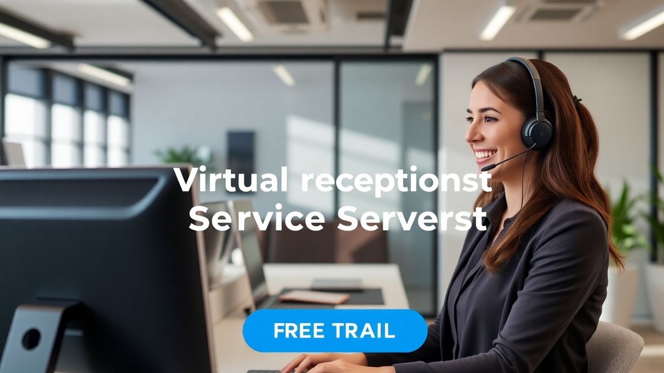 Receptionist with headset at computer in bright modern office.