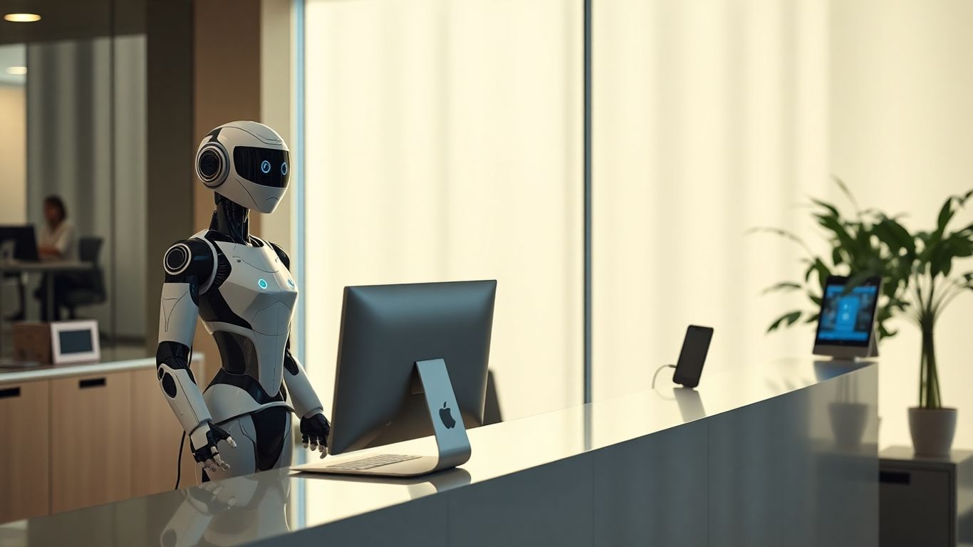Lifelike AI receptionist standing at modern office front desk