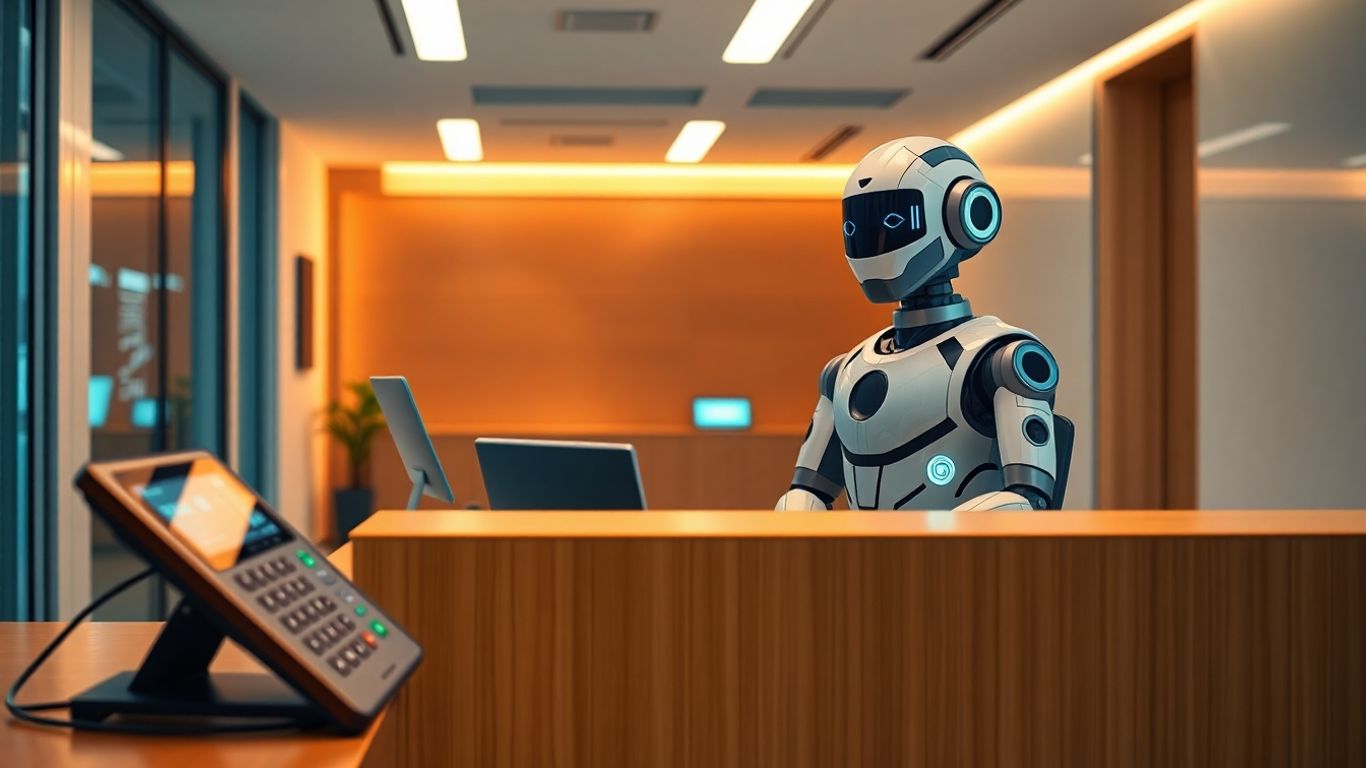 Futuristic robot receptionist in a modern office lobby