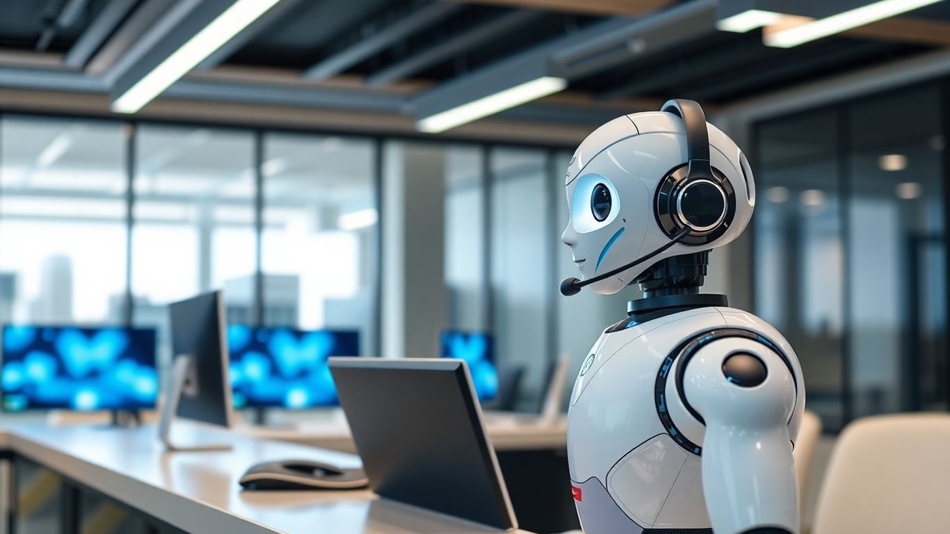 Humanoid robot receptionist with headset at an office desk.