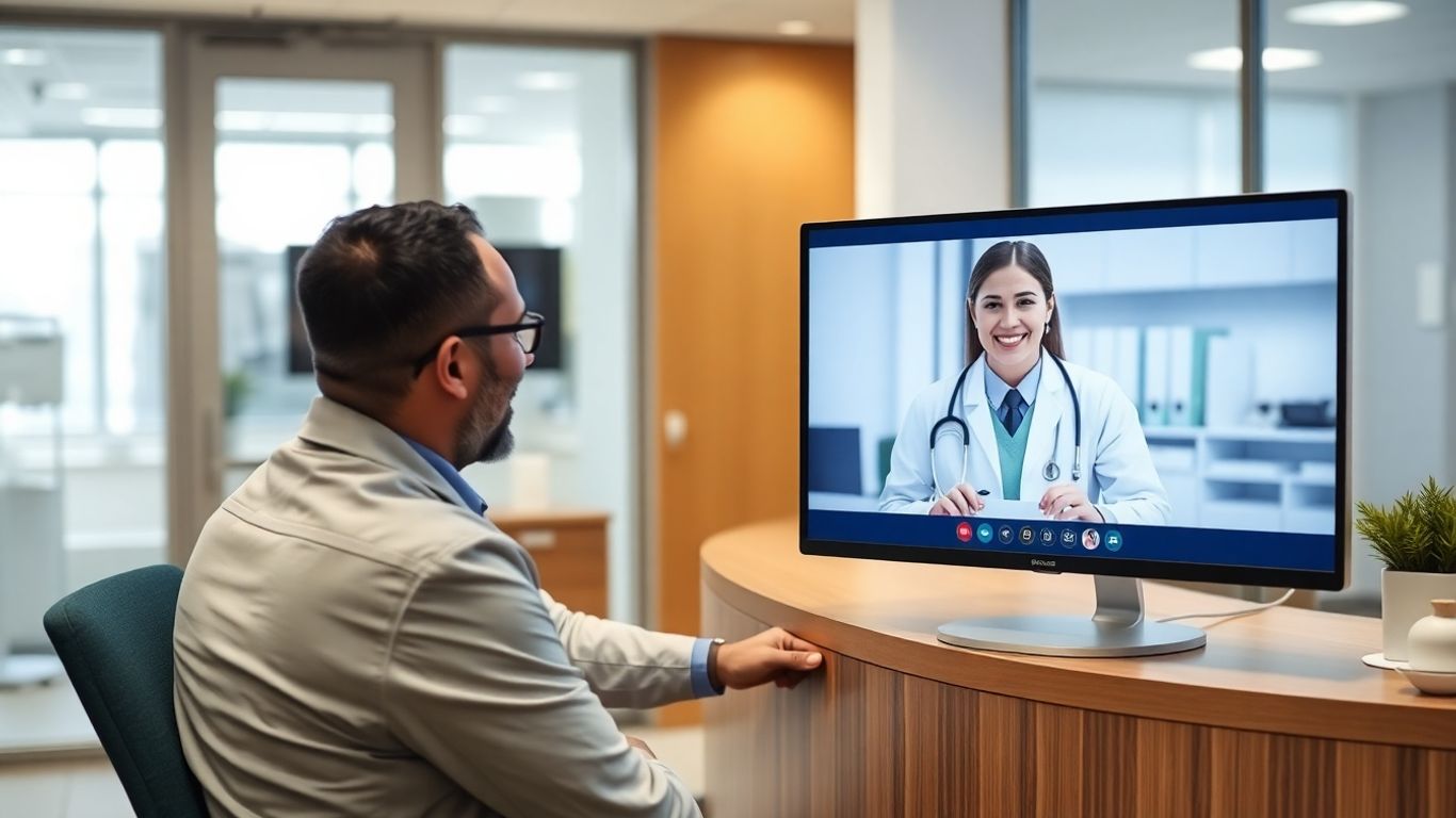 Doctor, patient, remote receptionist on screen in reception area.