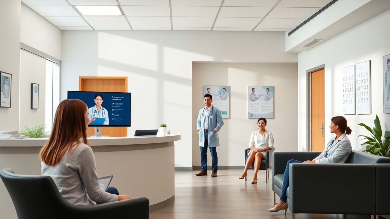 Reception desk with virtual assistant in modern medical office