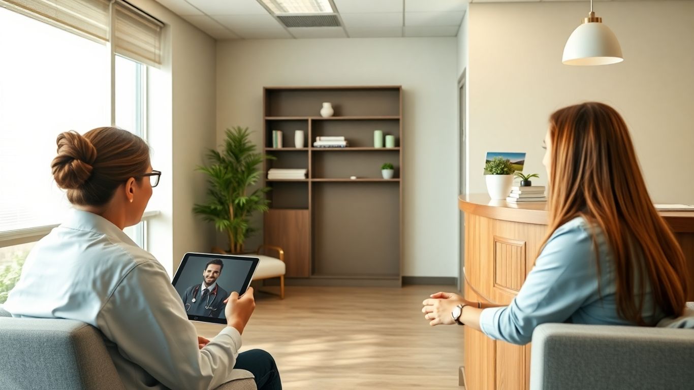 Doctor on tablet screen greeting patient in office