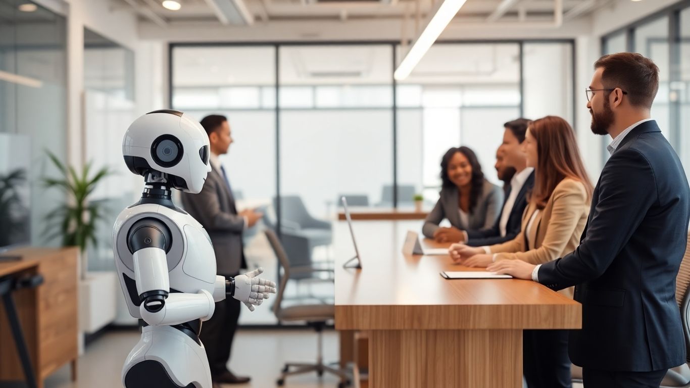 AI robot greets professionals and teams in modern office
