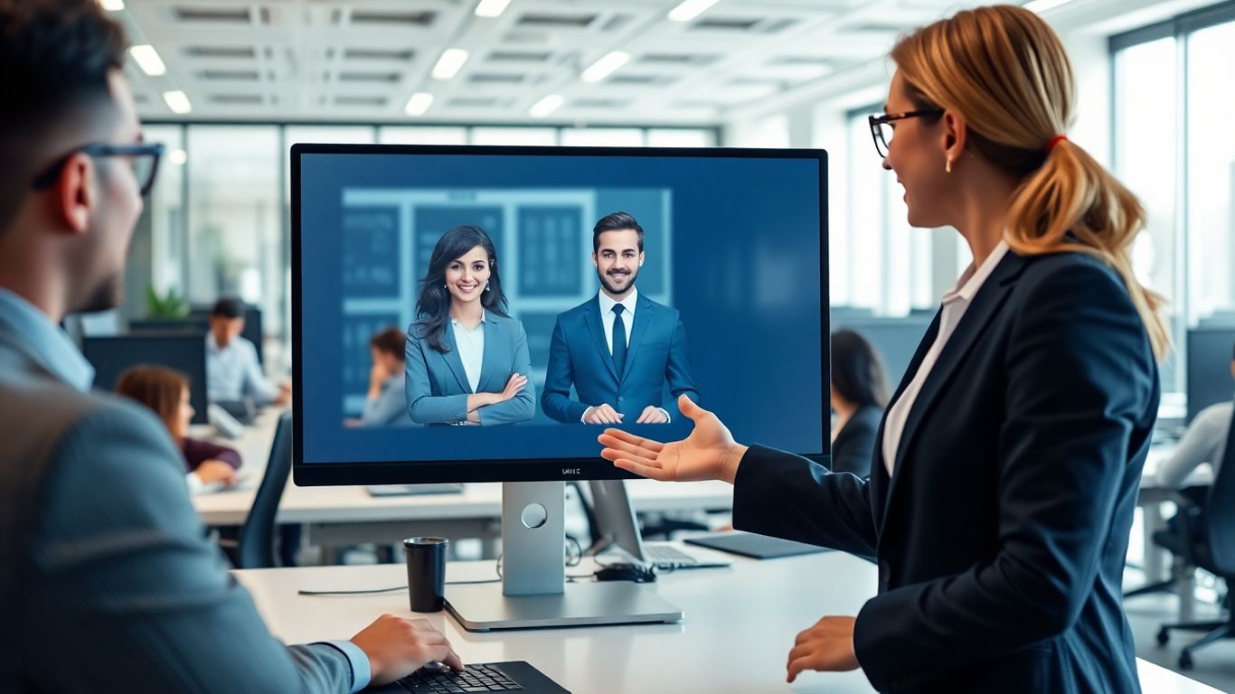 Office workers interacting with AI receptionist on computer