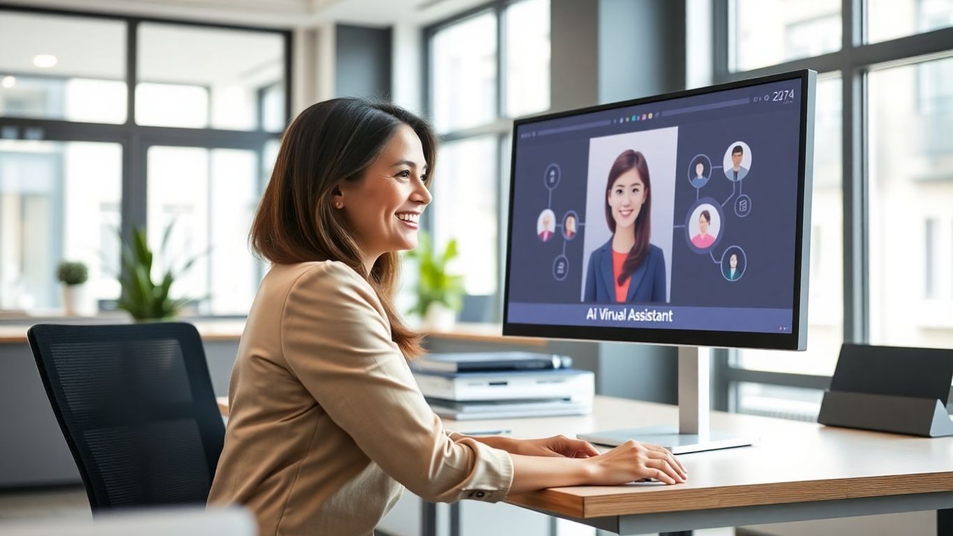 Businesswoman using AI virtual receptionist in modern office.