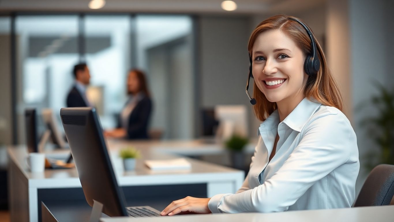 Receptionist with headset answering phone in modern office