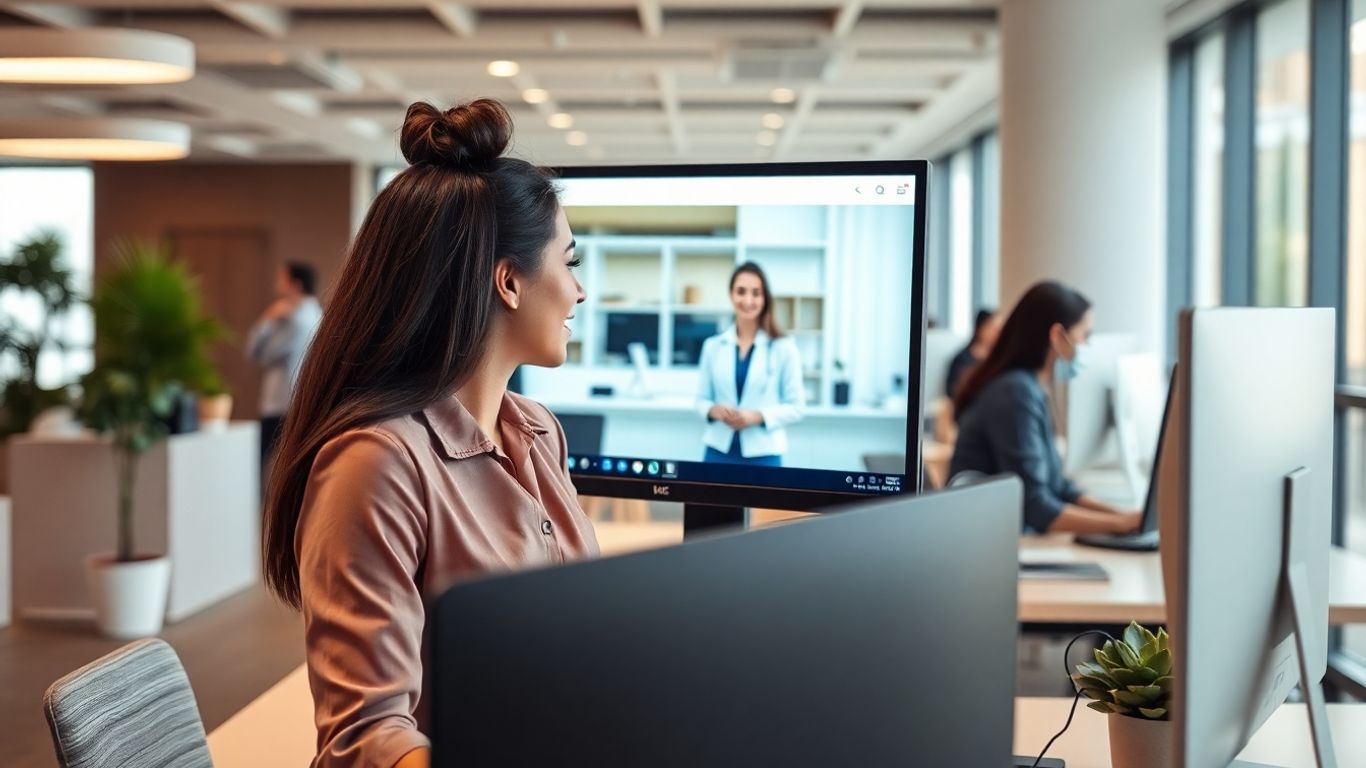 Virtual receptionist assisting client in a modern office