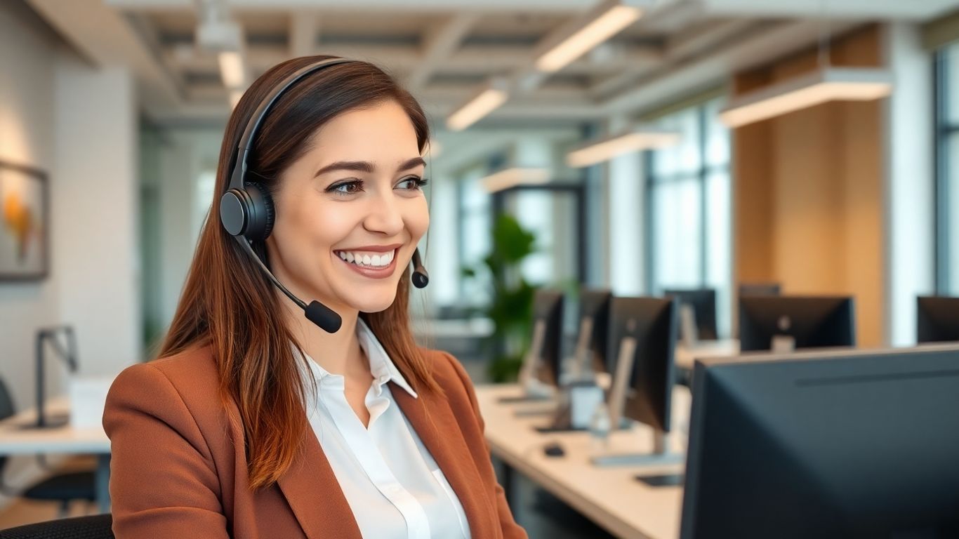 Receptionist with headset in modern office taking call