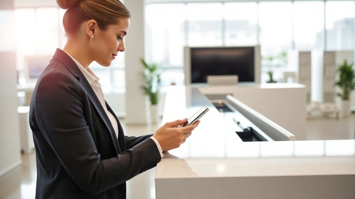 Business professional using smartphone app at sleek office reception.