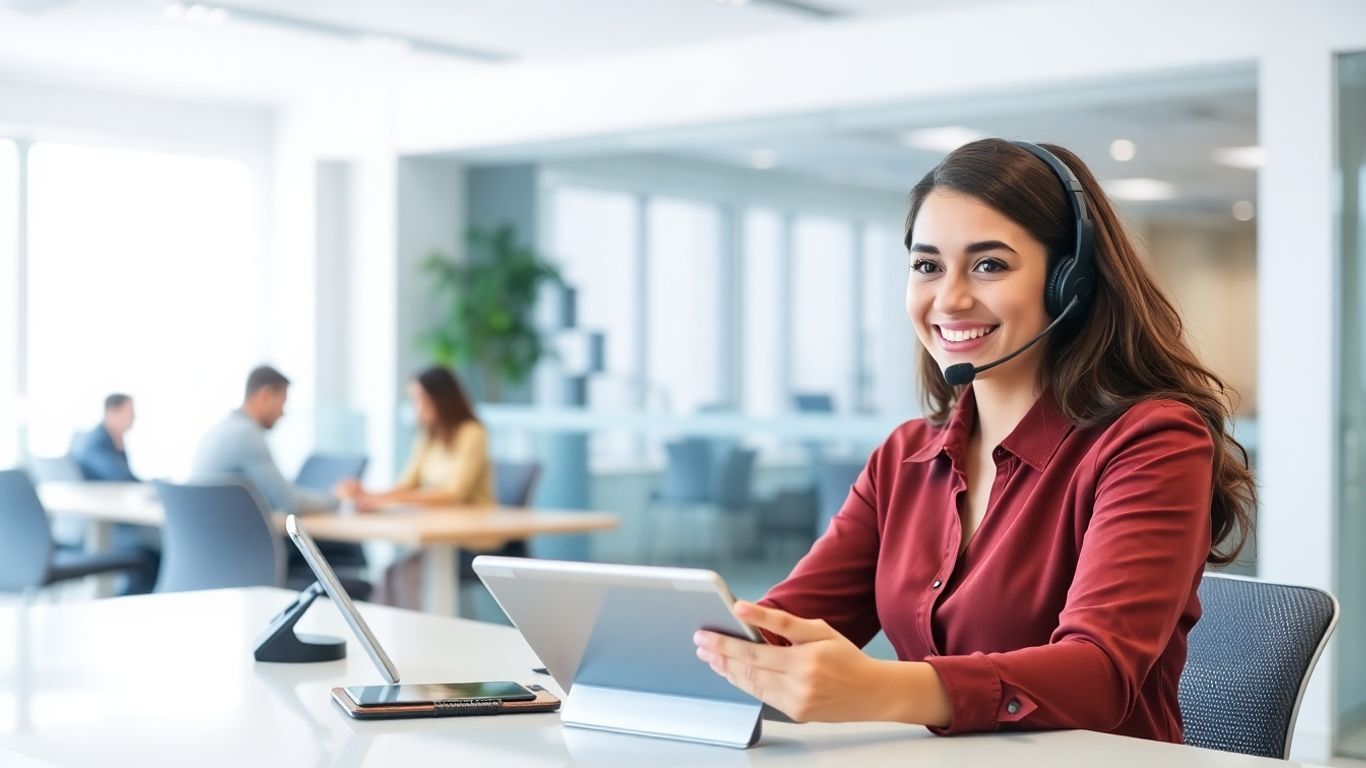 Receptionist with headset at desk in modern office scene.