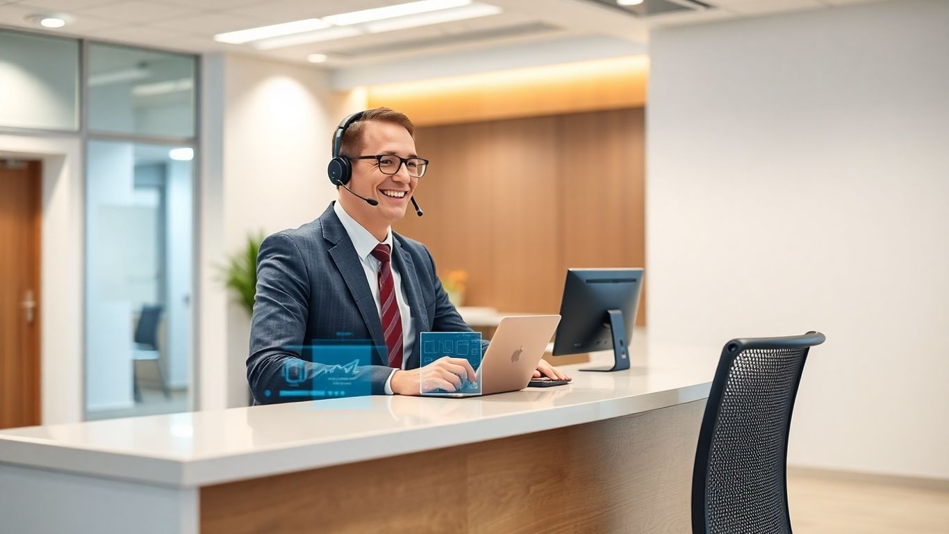 Modern office receptionist using headset at sleek front desk.