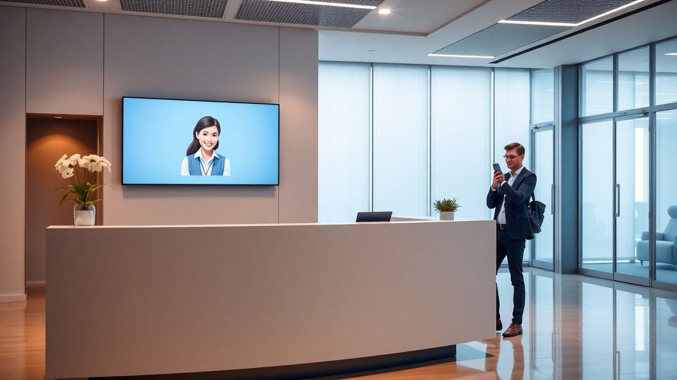 Modern office lobby with AI receptionist avatar screen.