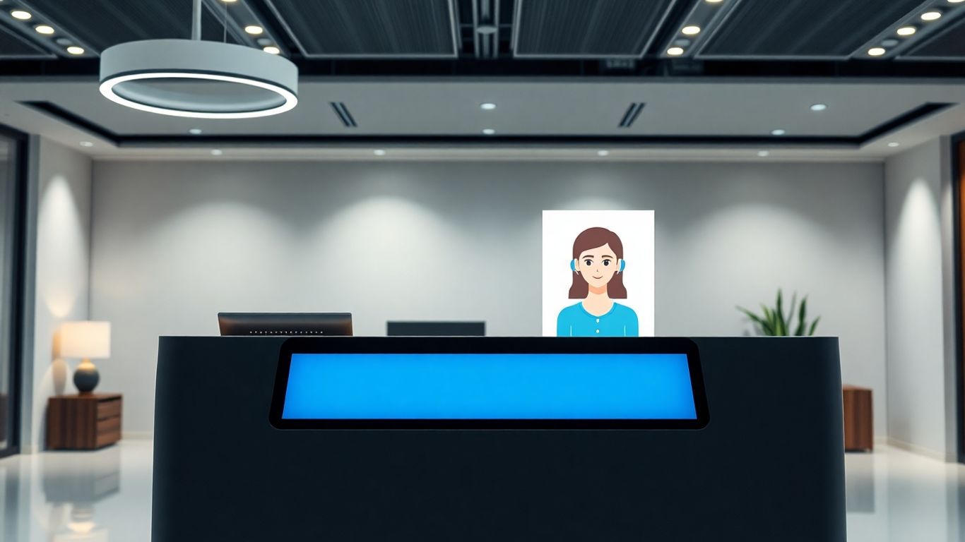 AI-powered receptionist avatar on touchscreen at modern office desk