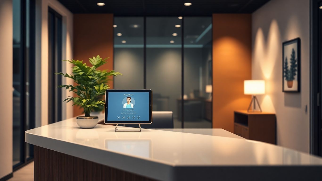 Modern office desk with virtual receptionist interface