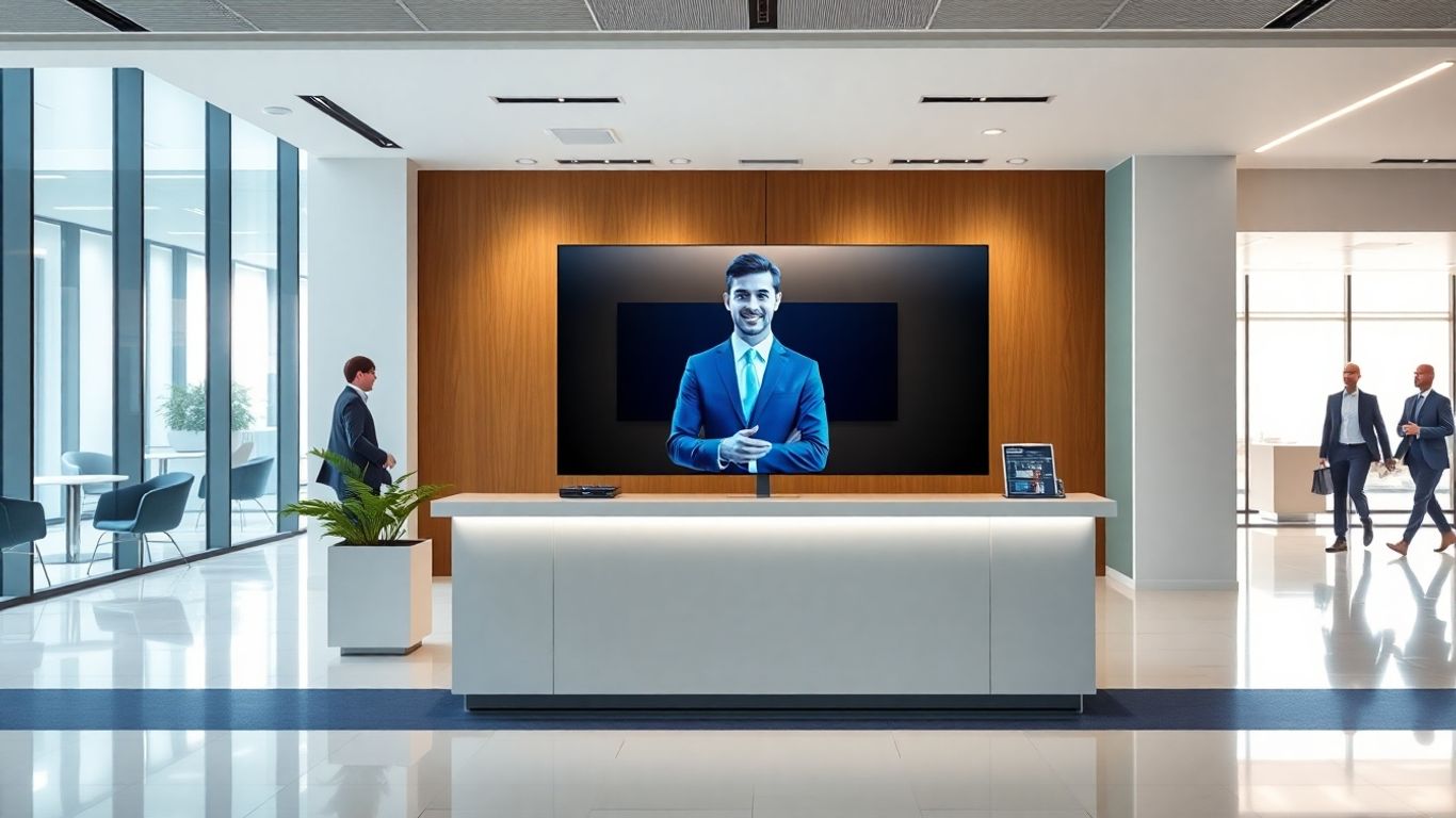 Futuristic virtual receptionist greeting people in a modern office