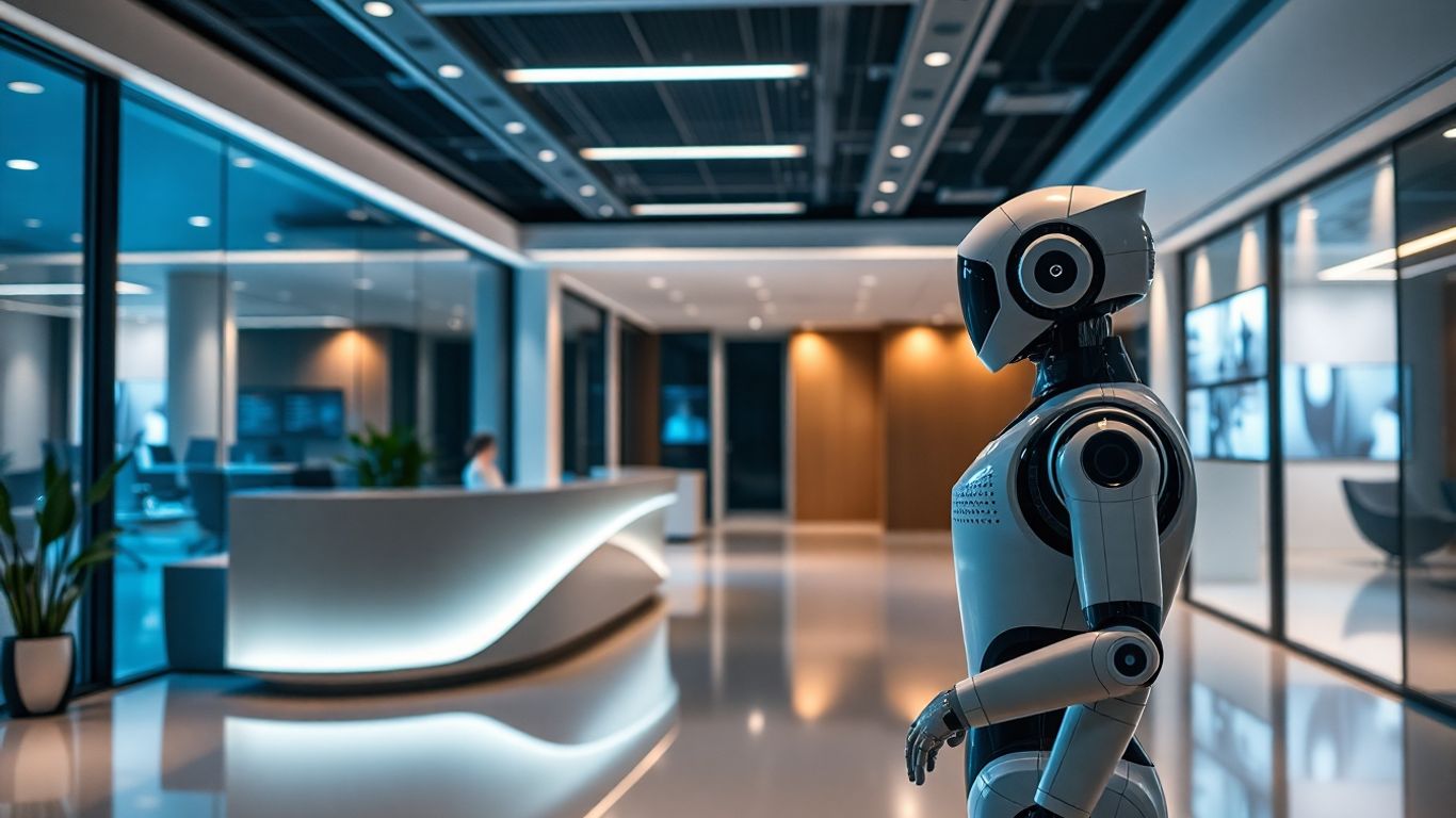 Robot greets visitor in office reception at night