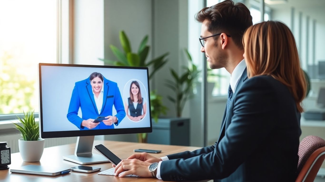 Attorney chatting with virtual receptionist in modern office