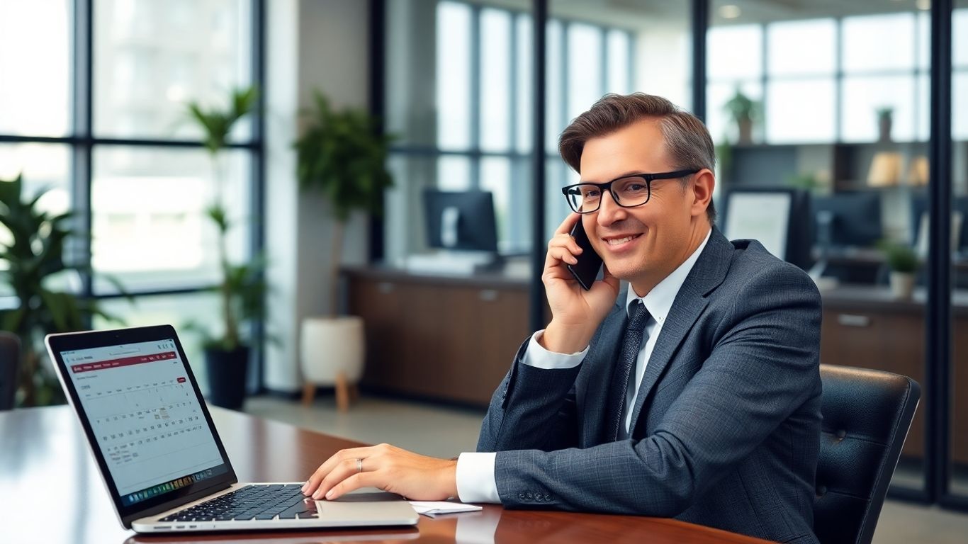 Attorney on phone in modern office with laptop open.