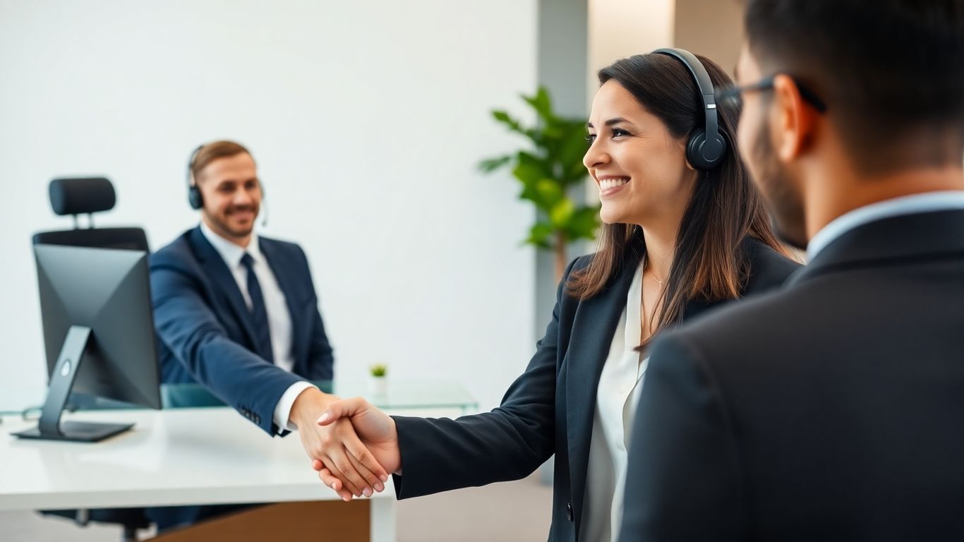 Attorney greeting client, virtual receptionist on phone in background
