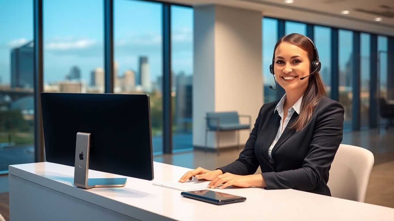 Receptionist with headset in modern Adelaide office
