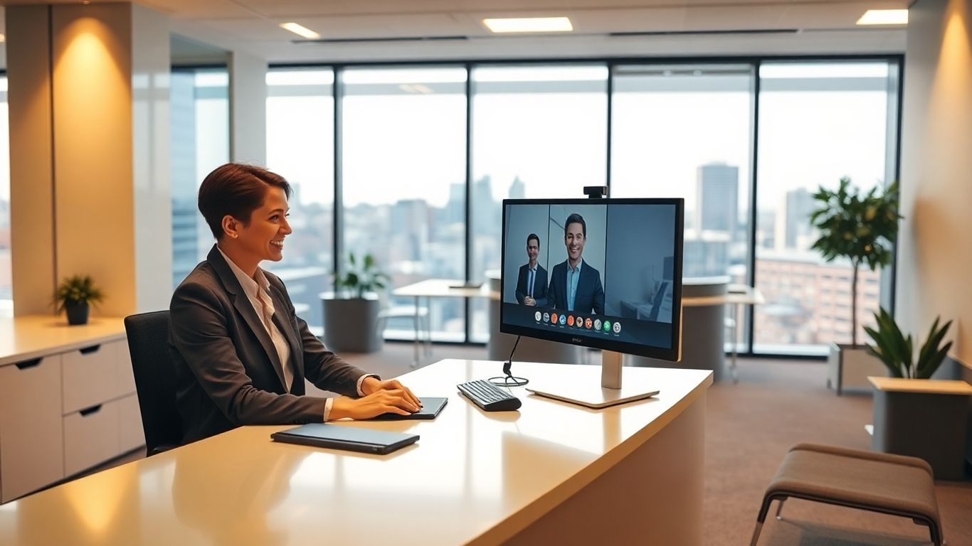 Receptionist on screen assisting Adelaide office workspace