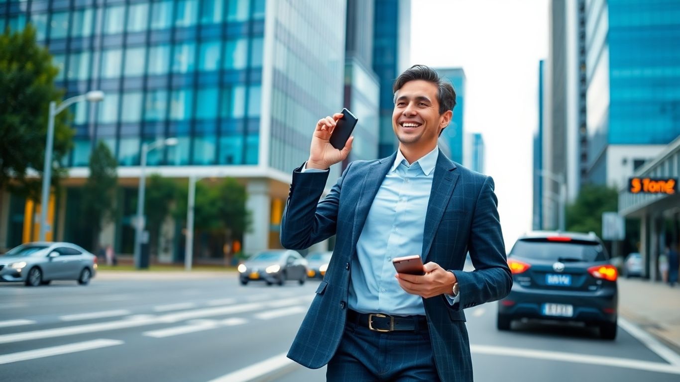 Businessperson on phone walking in downtown Adelaide, sunny day