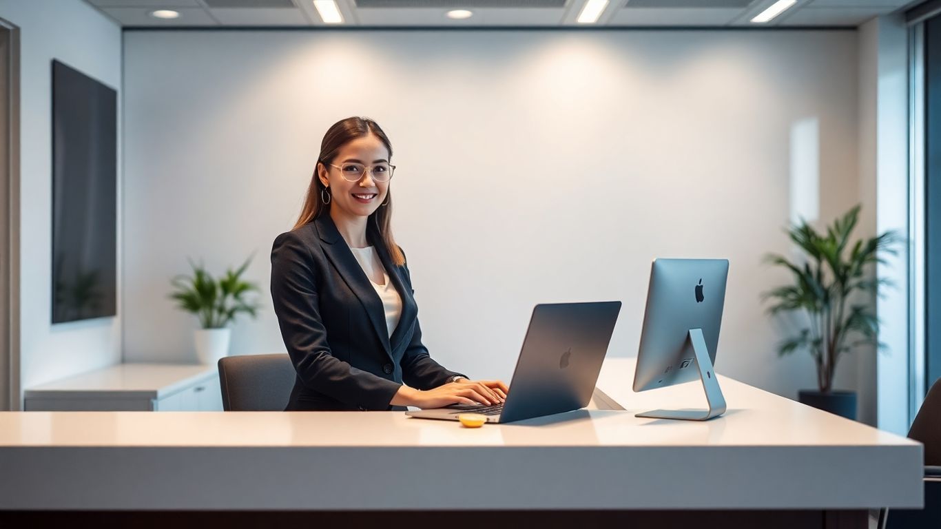 Professional virtual receptionist answering phone in modern office