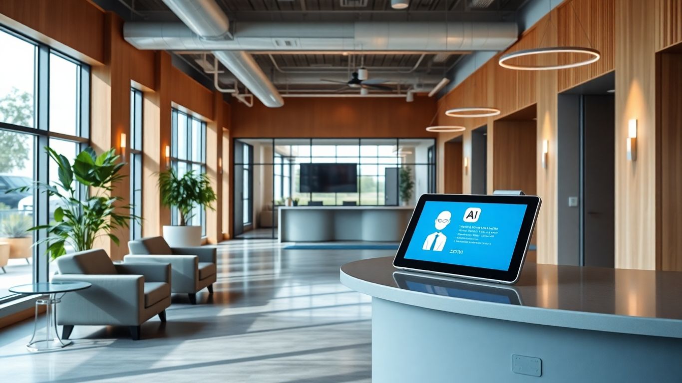 Modern office reception with virtual assistant tablet