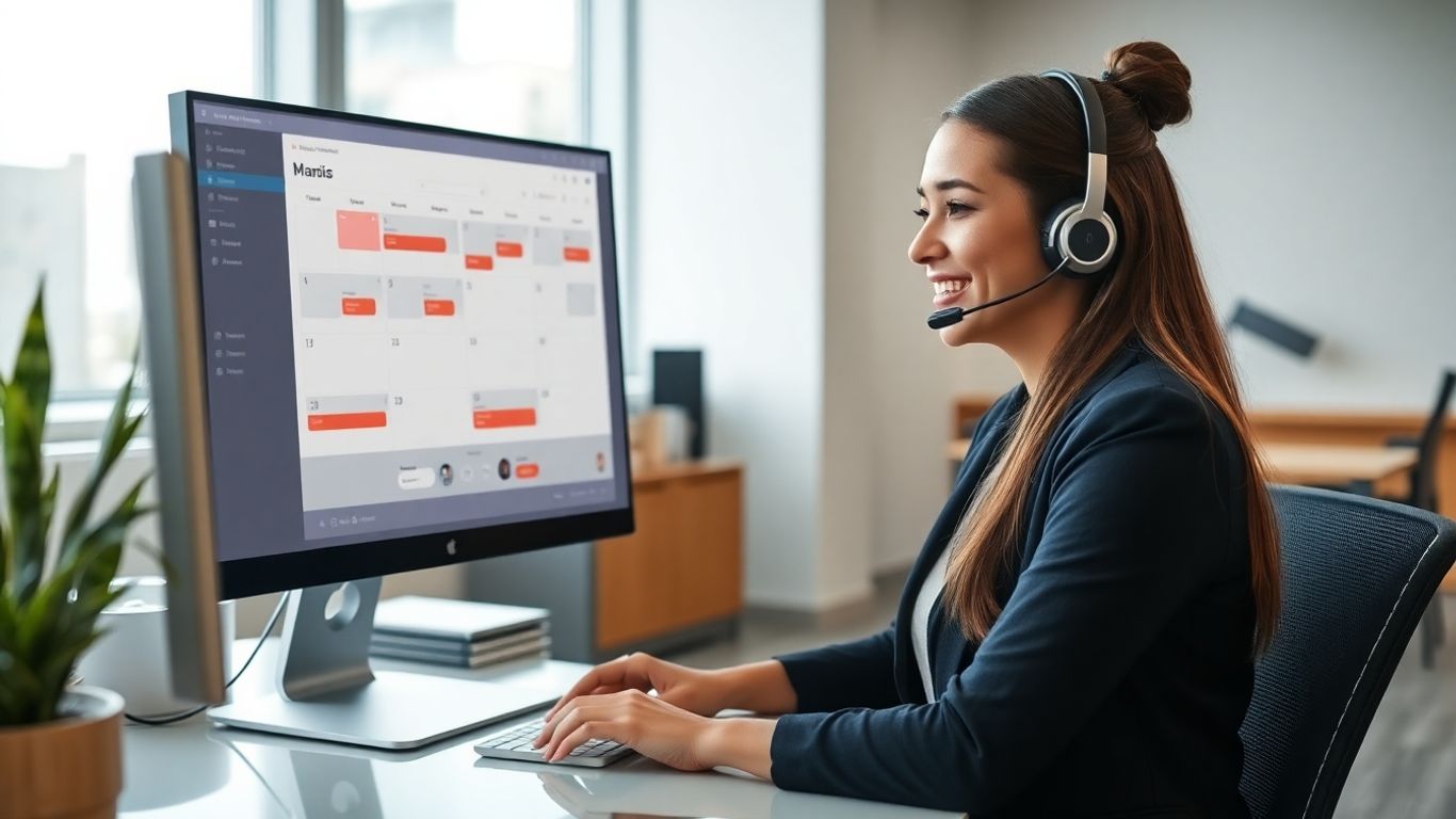Virtual receptionist at computer scheduling appointments in office.