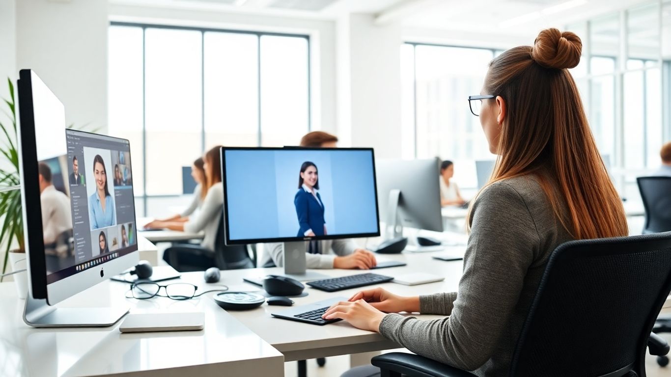 Team working in office with virtual receptionist on screen.