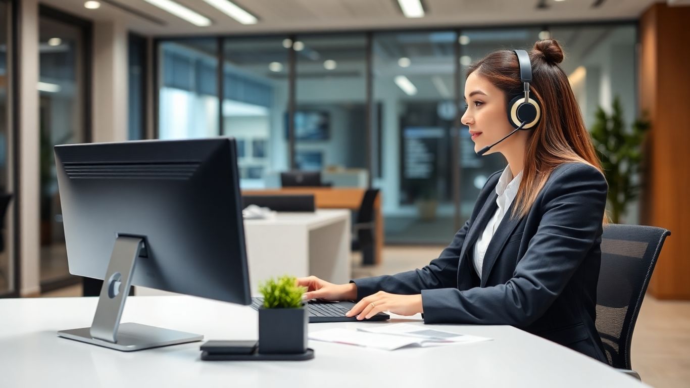 Virtual receptionist at desk in a bright modern office