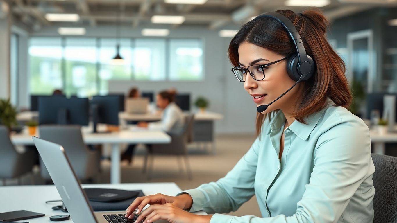 Professional using headset in sleek, minimal office space.