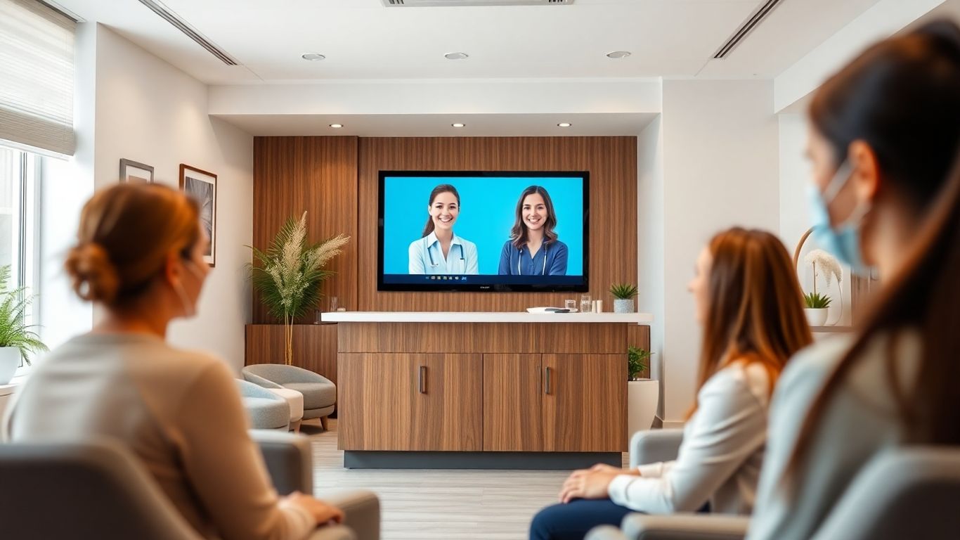 Virtual assistant on screen in dental clinic reception area