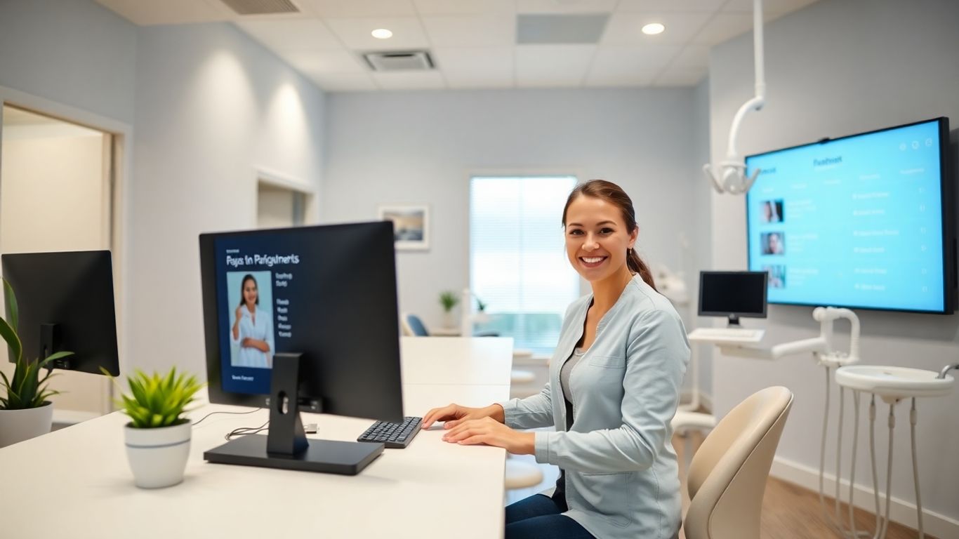 Dental receptionist using software in modern, bright clinic