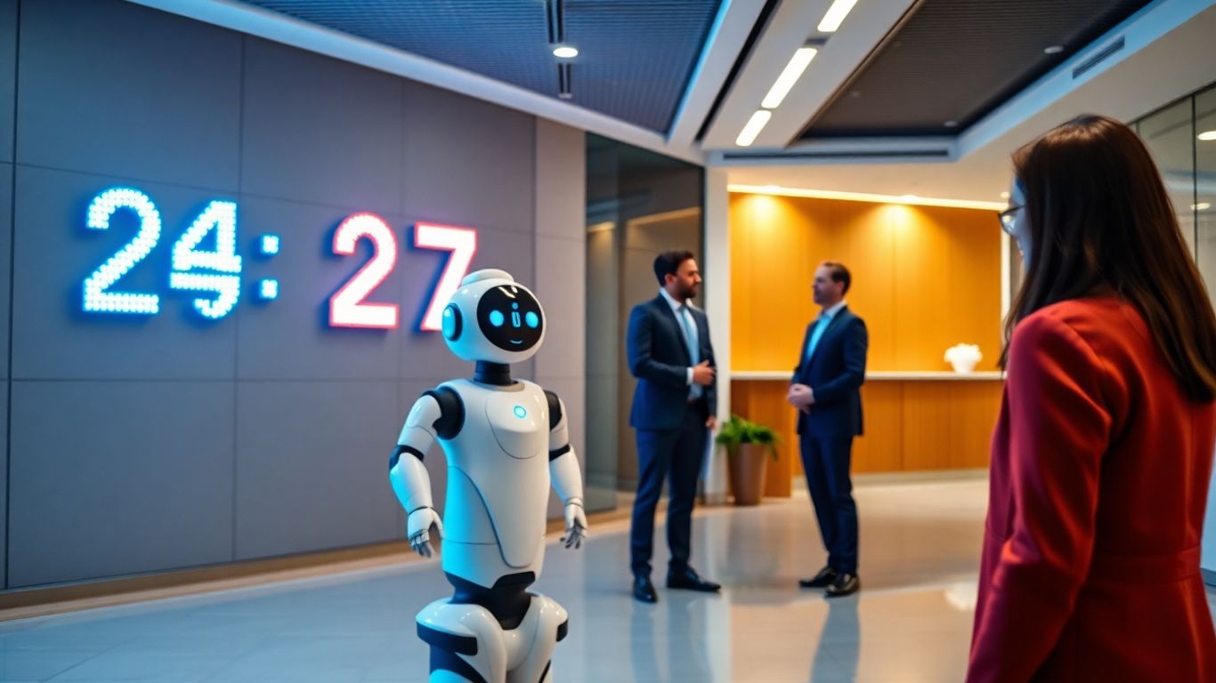 Humanoid robot receptionist greeting business people in office lobby