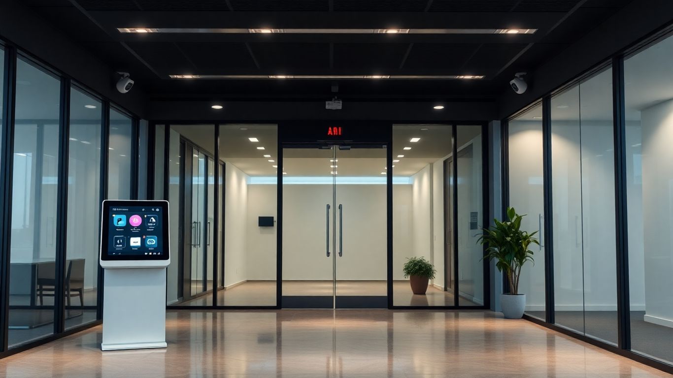 Modern office reception with AI kiosk and security camera