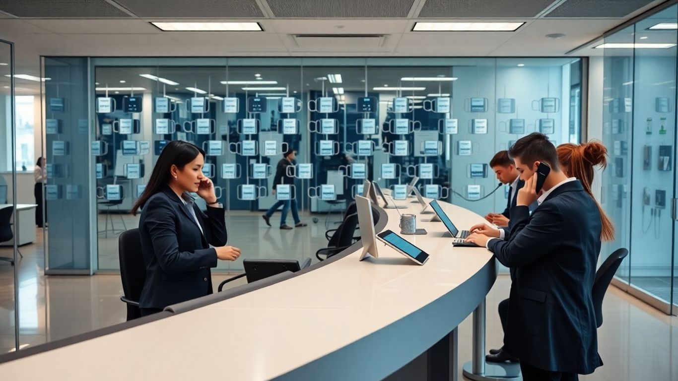 Busy office reception with digital interface and multiple calls