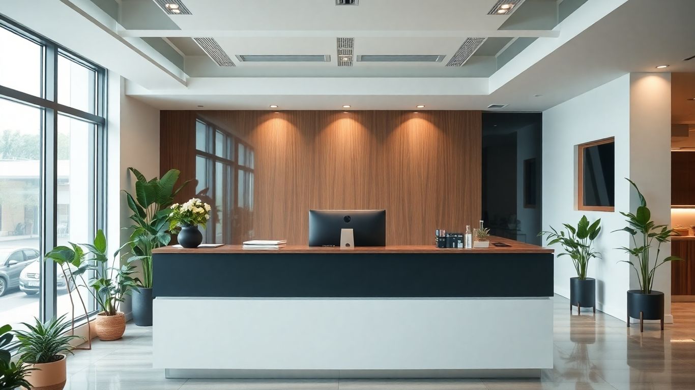 Reception desk with computer in modern well-lit office