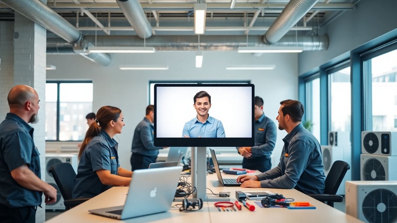 HVAC office with virtual receptionist and technicians working.